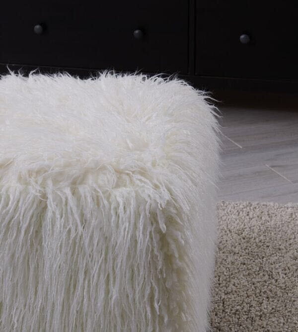 Heavy Shag Faux Sheepskin Cube Stool- White Stools/Benches Derrys 