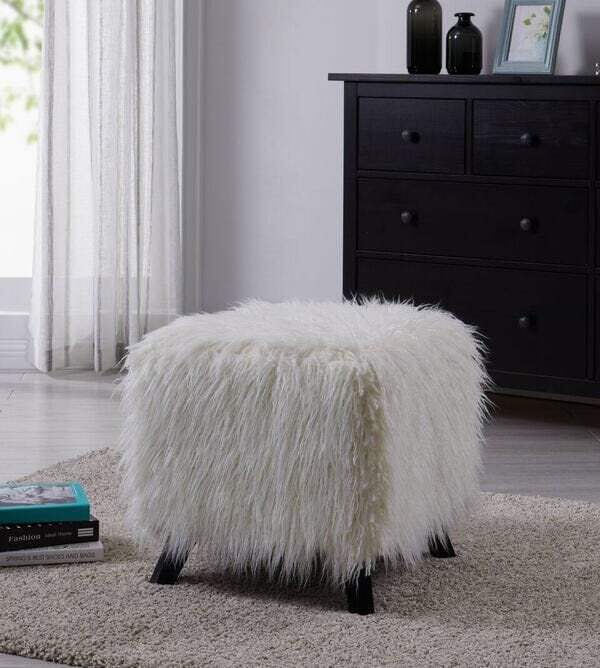 Heavy Shag Faux Sheepskin Cube Stool- White Stools/Benches Derrys 