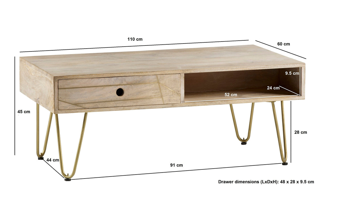 Light Gold Rectangular Coffee Table with Drawer Light Gold IHv2 