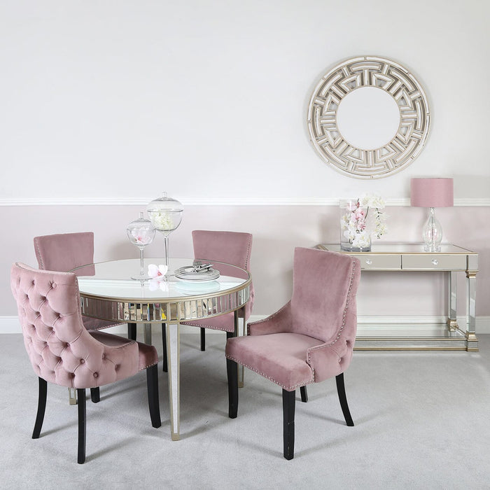 Apollo Champagne Mirrored 120cm Round Dining Set with 4 Tufted Back Pink Chairs Dining Tables CIMC 