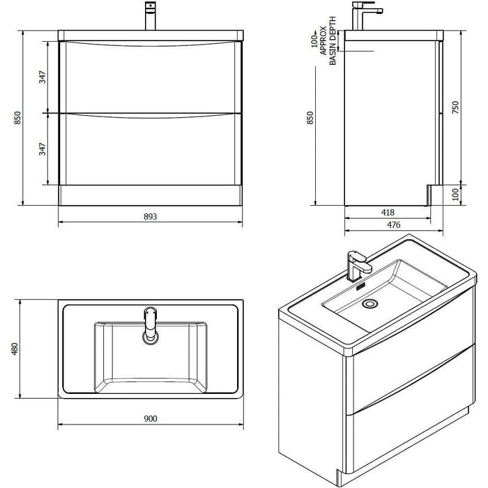 Bali Graphite Oak 900mm Free Standing Cabinet & Polymarble Basin Bathroom Furniture Vendor 116 