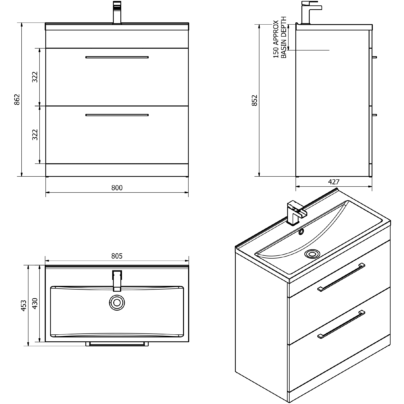 Idon Gloss White 800mm 2 Drawer Basin Unit Bathroom Furniture Vendor 116 