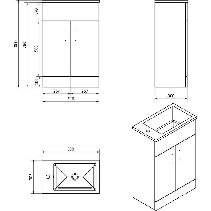 Kass 530mm 2 Door Unit & Basin Bathroom Furniture Vendor 116 