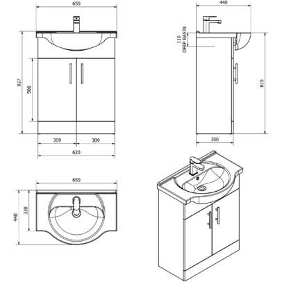 Kass 650mm Unit 2 Door & Basin Bathroom Furniture Vendor 116 