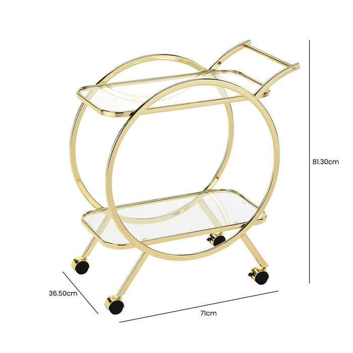 Value Harry Featuring Circular Exterior Design with Rectangular Clear Glass Shelving and Gold Metal Frame Drink Trolley Shelving Unit CIMC 