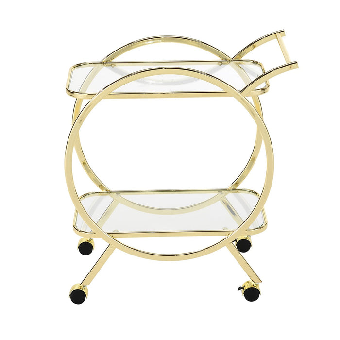 Value Harry Featuring Circular Exterior Design with Rectangular Clear Glass Shelving and Gold Metal Frame Drink Trolley Shelving Unit CIMC 