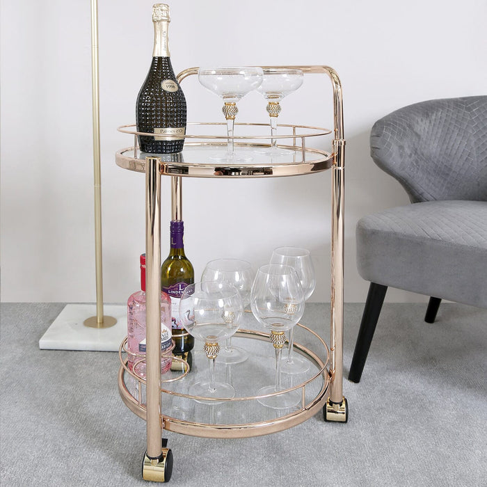 Value Harry Rose Gold Metal & Clear Glass Trolley Shelving Unit CIMC 