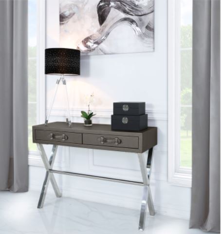 Pewter and Stainless Steel Faux Leather 2 Drawer Console Table Console Table CIMC 