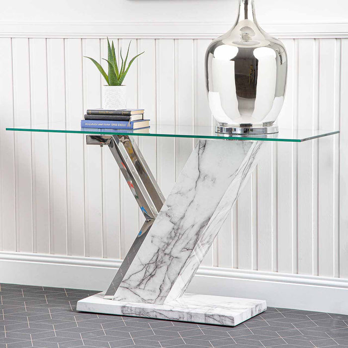 Lusso Wood Console Table Covered with Marble Design Base with Rectangular Clear Glass Top Console Table CIMC 