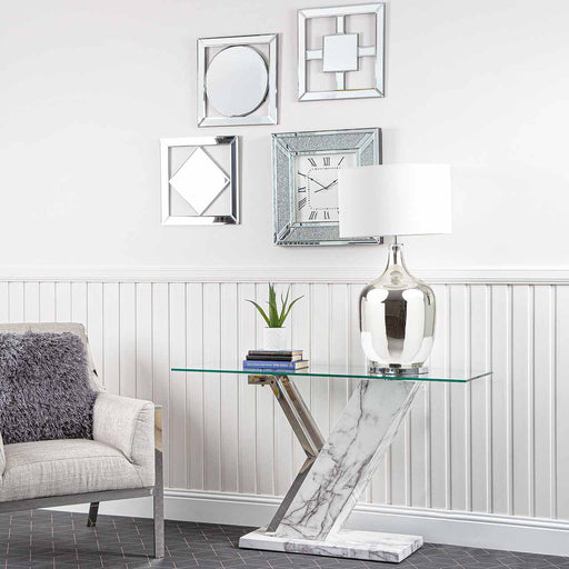 Lusso Wood Console Table Covered with Marble Design Base with Rectangular Clear Glass Top Console Table CIMC 