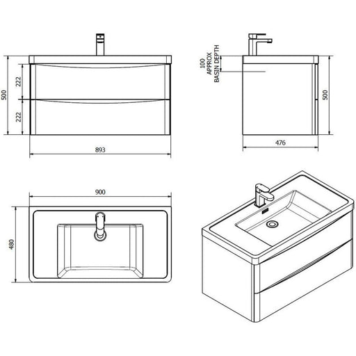 Bali Graphite Oak 900mm Wall Mounted Cabinet & Polymarble Basin Bathroom Furniture Vendor 116 