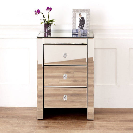 Hollywood 3 Drawer Side Table - Glass Bedside Tables Derrys 