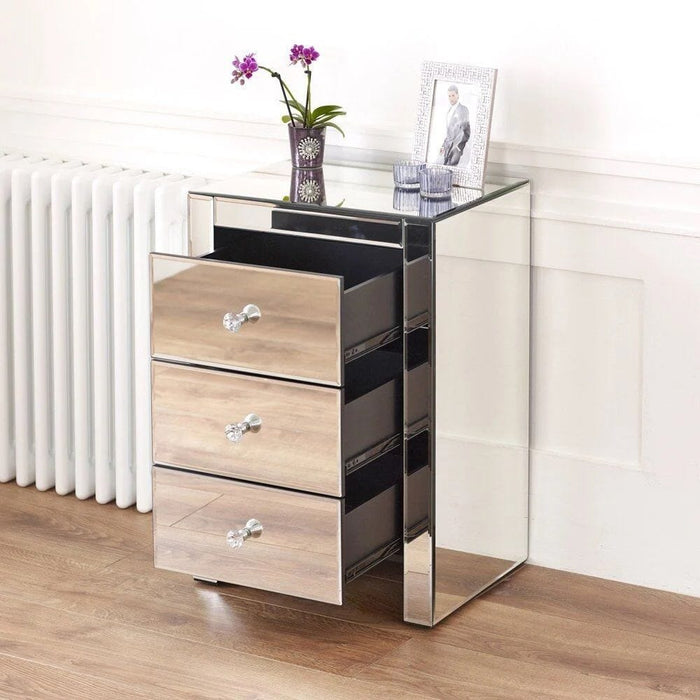 Hollywood 3 Drawer Side Table - Glass Bedside Tables Derrys 