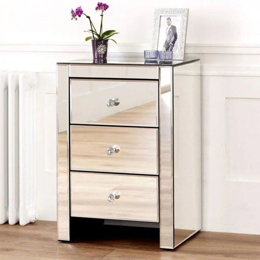 Hollywood 3 Drawer Side Table - Glass Bedside Tables Derrys 